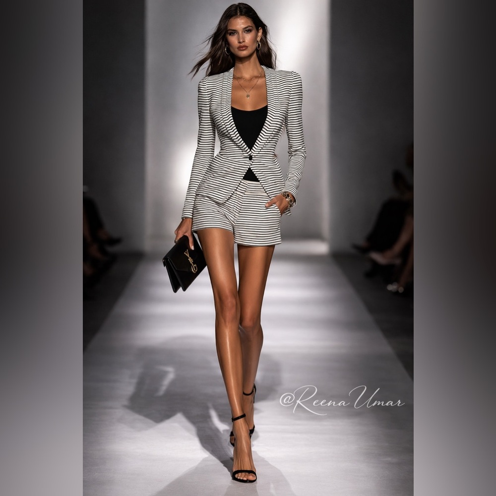 BCBGMAXAZRIA “Hendrix” Blazer & Shorts Set – Black & White Stripes – XXS / XS